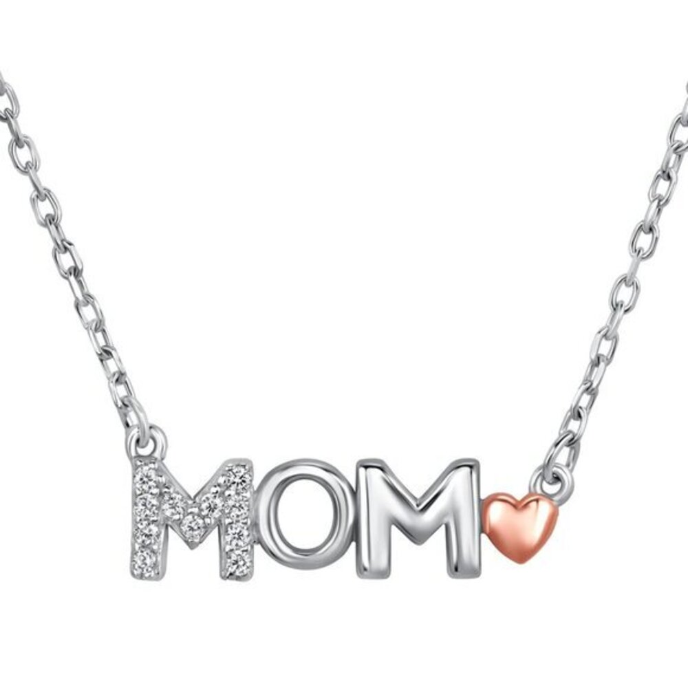Silver 925 Rhodium Plated Pink Heart Clear Cubic Zirconia Mom Necklace
